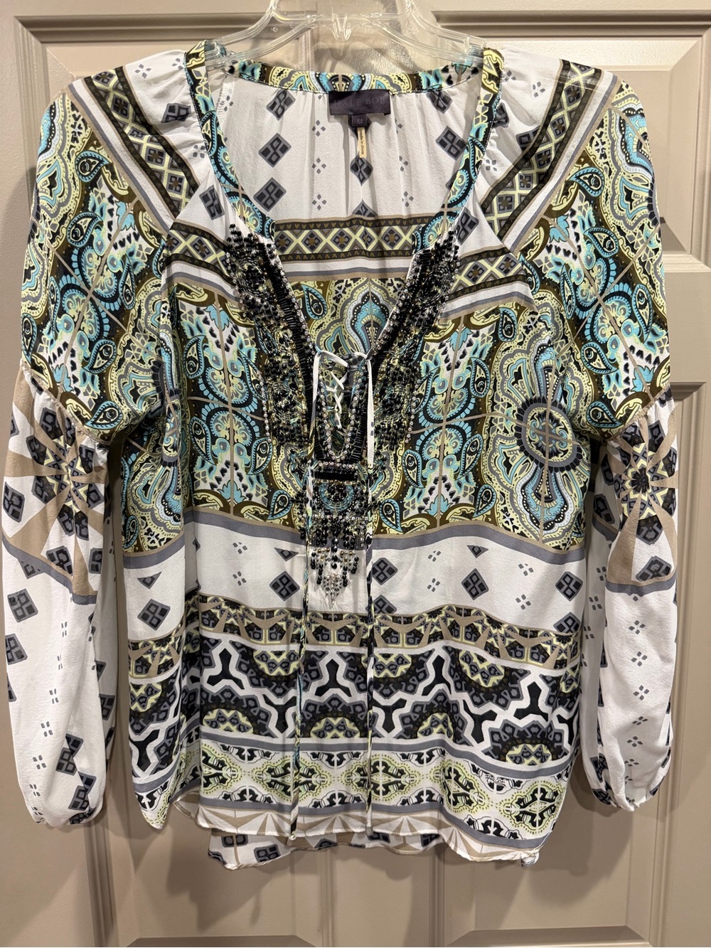 Like New. 💯 Silk Vintage Hale Bob White, Teal, Lime, Taupe Paisley Beaded Tunic